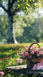 美丽的春景背景图片_清新春天公园长凳上的花篮素材