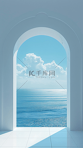 展台背景图片_蓝色大海风景3D拱窗大窗展台背景图片
