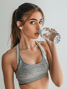 甜美女生摄影照片_年轻女性运动健身喝水