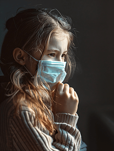 抗疫情戴口罩摄影照片_戴着口罩咳嗽的女孩