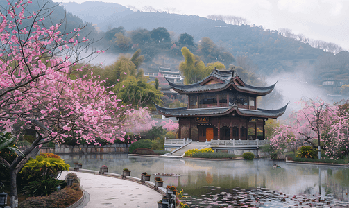 粉色背景摄影照片_贵州平坝万亩樱花园