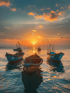 唯美夕阳下的大海和归航的渔船