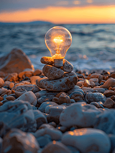 蓝天黄昏背景图摄影照片_海边石头堆上发光的灯泡
