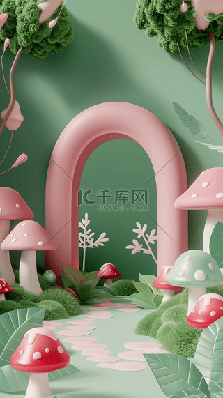 展台背景图片_春天3D可爱卡通蘑菇母婴电商展台设计图