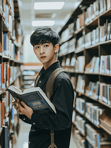 站在图书馆书架旁看书的帅气男同学