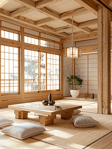 日式陶壶摄影照片_日式原木风格客厅装修
