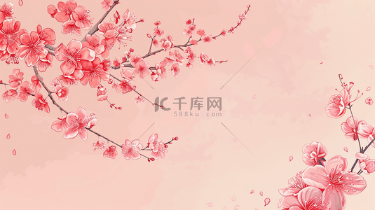 中春天国风背景图片_红色中国风春季盛开的桃花背景