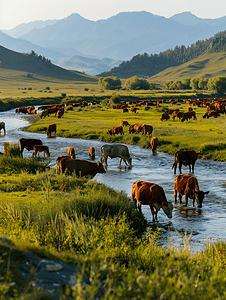 成群的牛羊摄影照片_呼伦贝尔草原河边的牛群
