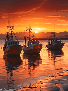 夕阳余晖下的渔船