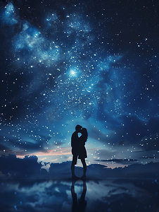 浪漫星空下摄影照片_星空下拥吻的情侣