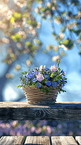 美丽的春景背景图片_清新春天公园长凳上的花篮设计