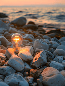 海边石头堆上发光的灯泡