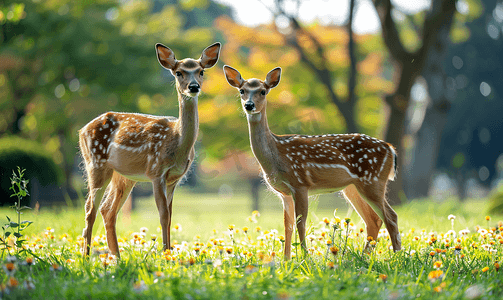 公园绿色草坪摄影照片_日本奈良公园草坪上的梅花鹿