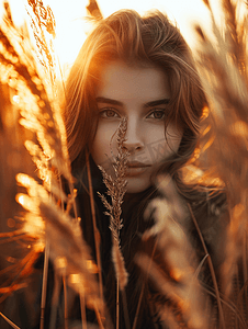秋摄影照片_夕阳透过芦苇丛照射在女孩身上