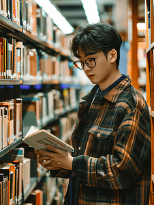 考研摄影照片_站在图书馆书架旁看书的帅气男同学