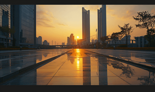 南京商务区现代建筑夕阳