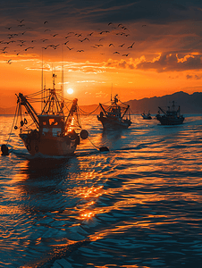 大海油画摄影照片_夕阳余晖下的渔船