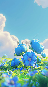 蓝色春背景图片_春天可爱风3D蓝色质感花朵背景