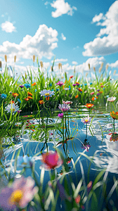 小清新可爱植物背景图片_小清新可爱风3D绿色春天田野场景设计