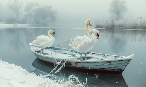 创意背景简约摄影照片_冬天大雪雾凇下的小船天鹅
