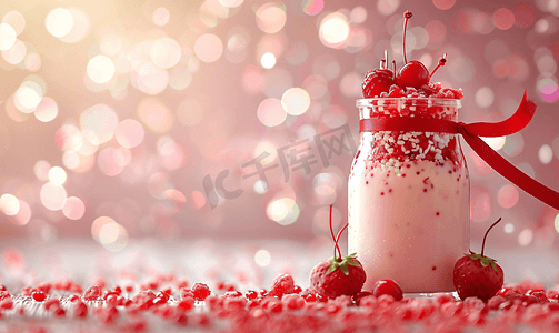 美味的草莓摄影照片_玻璃瓶里的草莓果粒酸奶