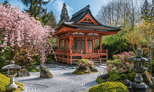 晴空摄影照片_日本花园神社赏樱花