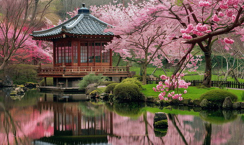 春摄影照片_日本花园神社赏樱花