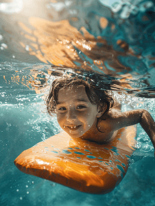 腊八节小孩摄影照片_用浮板游泳的孩子