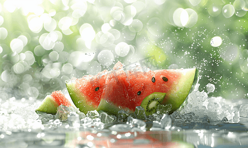 水果简约清新背景摄影照片_夏季清凉解暑喷冰块的西瓜