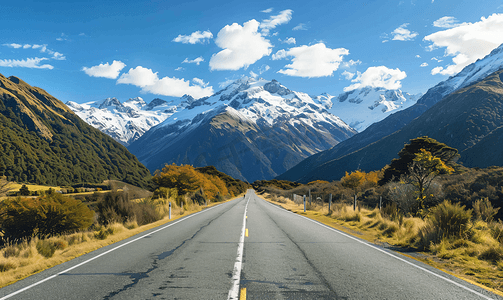 旅游日摄影照片_雪山下的公路新西兰自驾风光