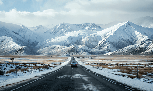 行驶的路面摄影照片_雪山下的公路新西兰自驾风光