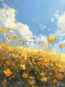 蓝天白云花朵背景图片_蓝天白云下户外黄色花朵花丛的背景