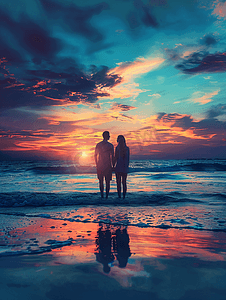 海边情侣摄影照片_情侣在夕阳西下的海边看大海