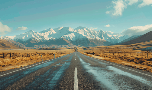 马路背景摄影照片_雪山下的公路新西兰自驾风光