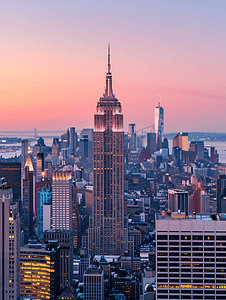 遥远的救世主摄影照片_美国纽约黄昏时分曼哈顿天际线和帝国大厦的景色