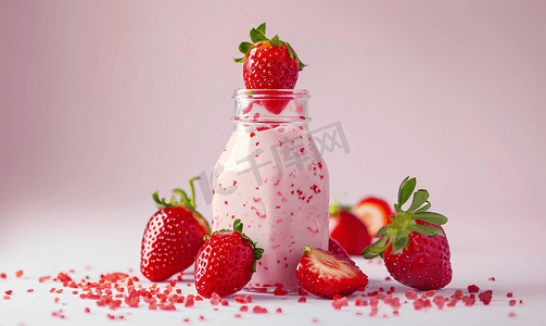 玻璃瓶里的草莓果粒酸奶