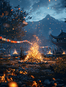 藏族房屋摄影照片_甲居藏寨篝火晚会