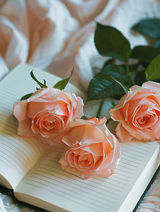 小清新纯色背景摄影照片_温馨浪漫玫瑰花与空白本子