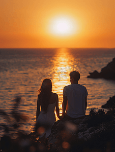 情侣在夕阳西下的海边看大海