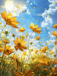 唯美蓝天背景图片_蓝天白云下户外黄色花朵花丛的背景