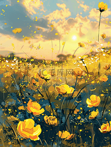 蓝天白云下户外黄色花朵花丛的背景