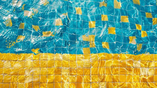 泳池标识背景图片_黄蓝色瓷砖泳池水量泡沫的背景
