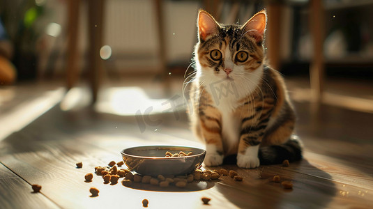 粮摄影照片_宠物猫猫粮立体描绘摄影照片
