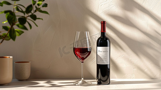 葡萄酒酒杯酒瓶立体描绘摄影照片
