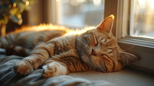 一只睡在窗台上的猫摄影照片