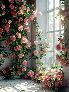 窗边粉红色的玫瑰摄影照片