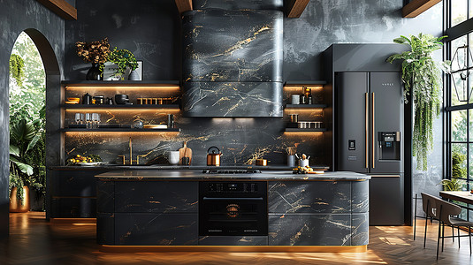 黑色高端风格的厨房摄影配图