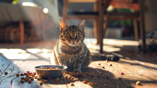 宠物猫猫粮立体描绘摄影照片