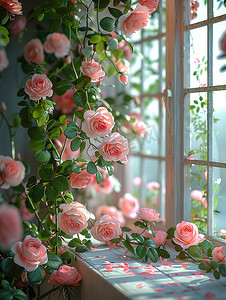 玫瑰摄影照片_窗边粉红色的玫瑰图片