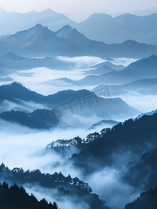 中国风景水墨摄影照片_山脉河流平流雾